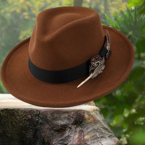 mens gray fedora hat with artificial feathers beaded band retro wide brim felt flat top hat solid blend for stylish outdoor events