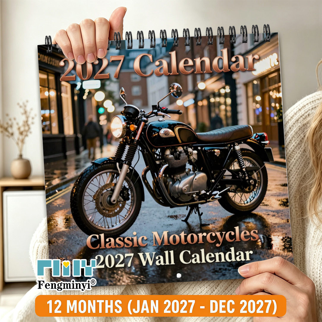 TEMU 1 Book 2027 Vintage Motorcycle Wall Calendar - Thick Paper Hanging Monthly Planner Suitable For Home Office Decor, Motorcycle Themed Gift For,