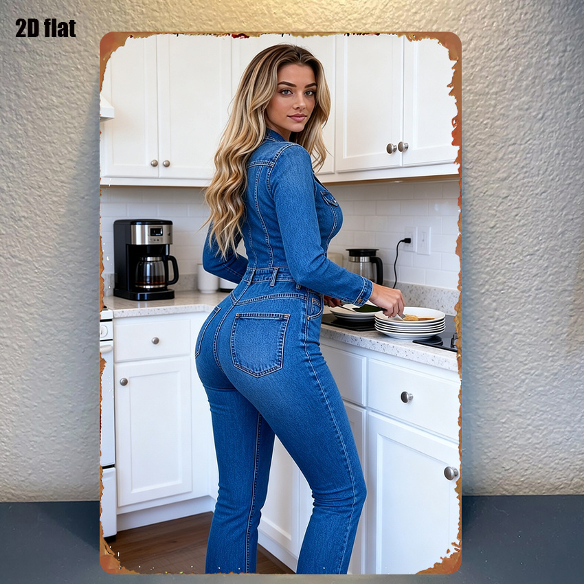 1pc Metal Sign Featuring a Stylish Denim Jumpsuit in a Kitchen Setting, Iron Art with Pre-Drilled Holes for Easy Hanging - Durable Decoration for Living Rooms And Bedrooms, Measuring 8*12 Inches