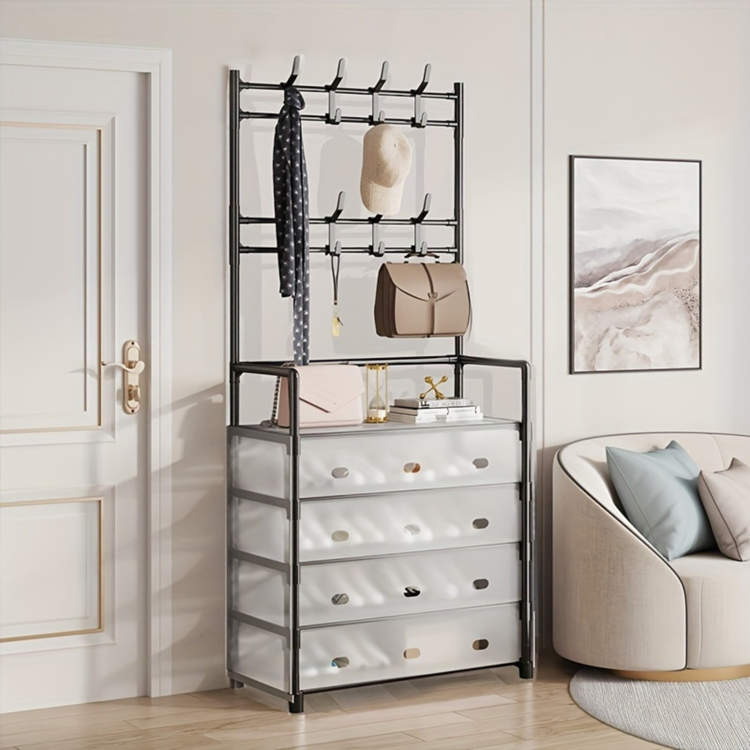 1pc 5-tier metal shoe & hat rack - space-saving entryway organizer with coat hooks, easy assembly, dustproof, no electricity needed, multi-functional storage for home & garage, ideal for bedroom & living room, shoe storage organizer, standing shelf, standing shelf Product details 5