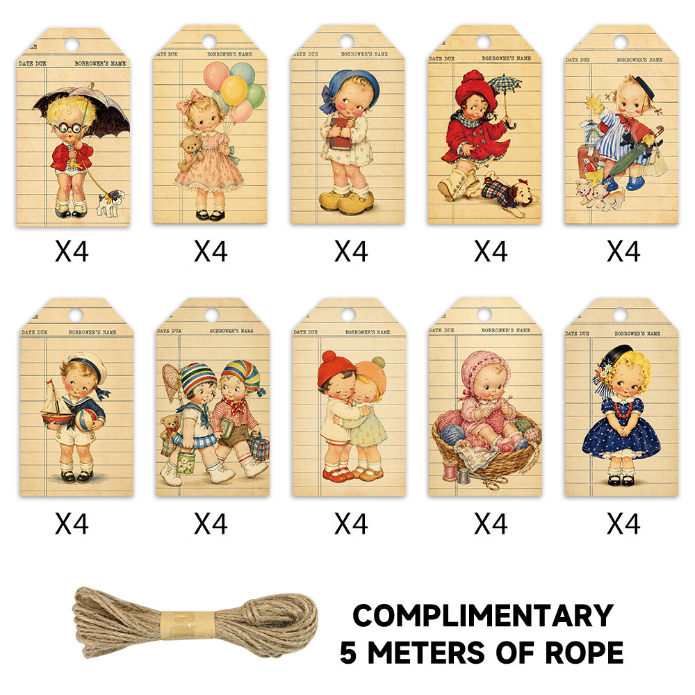 TEMU 40pcs, Vintage Hang Tags, Gift Box Labels, Retro Doll Gift Tags, Western Nostalgic 's Tags, 's First Birthday Gift Box Labels, Vintage Journal