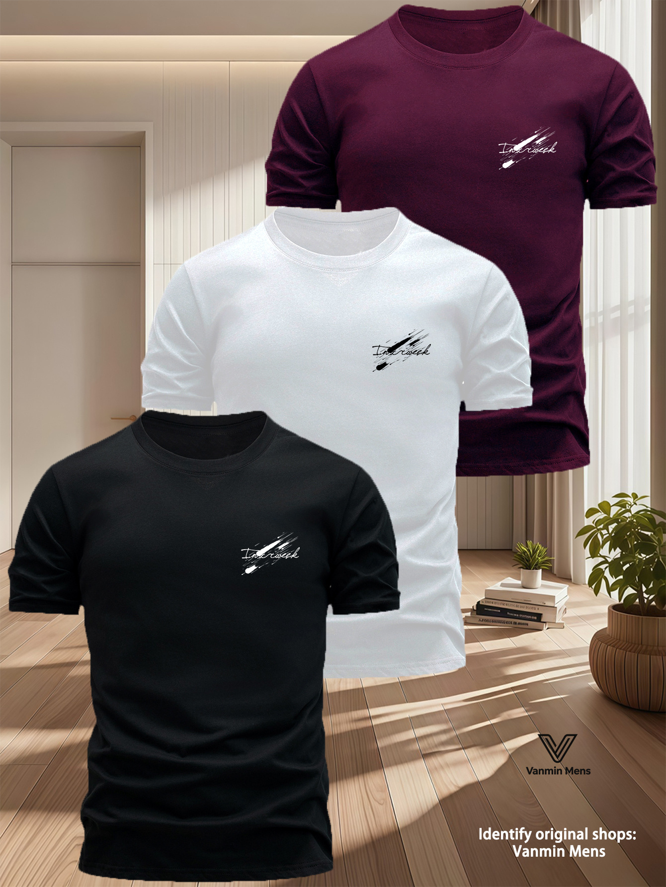 Conjunto de tres camisetas de manga corta de moda para hombre, con un diseño elegante y minimalista. El pecho frontal tiene estampado el texto único "Innerweek" en estilo manuscrito, complementado con elementos decorativos de líneas diagonales dinámicas, que muestran individualidad y estilo
