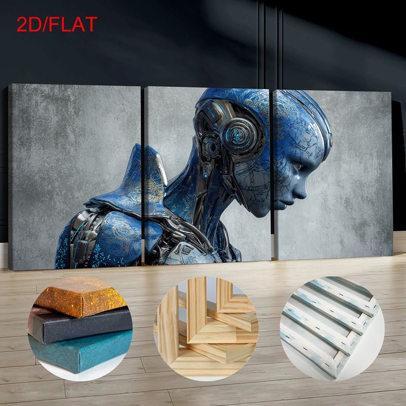 Combinación de arte en lienzo con marco de madera envuelto plano 2D, 2D plano, 2D/plano de 3 piezas, lienzo triptico de retrato de mecha de ciencia ficción azul, adecuado para la decoración de la sala de estar y el dormitorio, obra de arte de estilo industrial moderno, ideal para regalar en vacaciones, combinación de tendencias para el hogar occidental