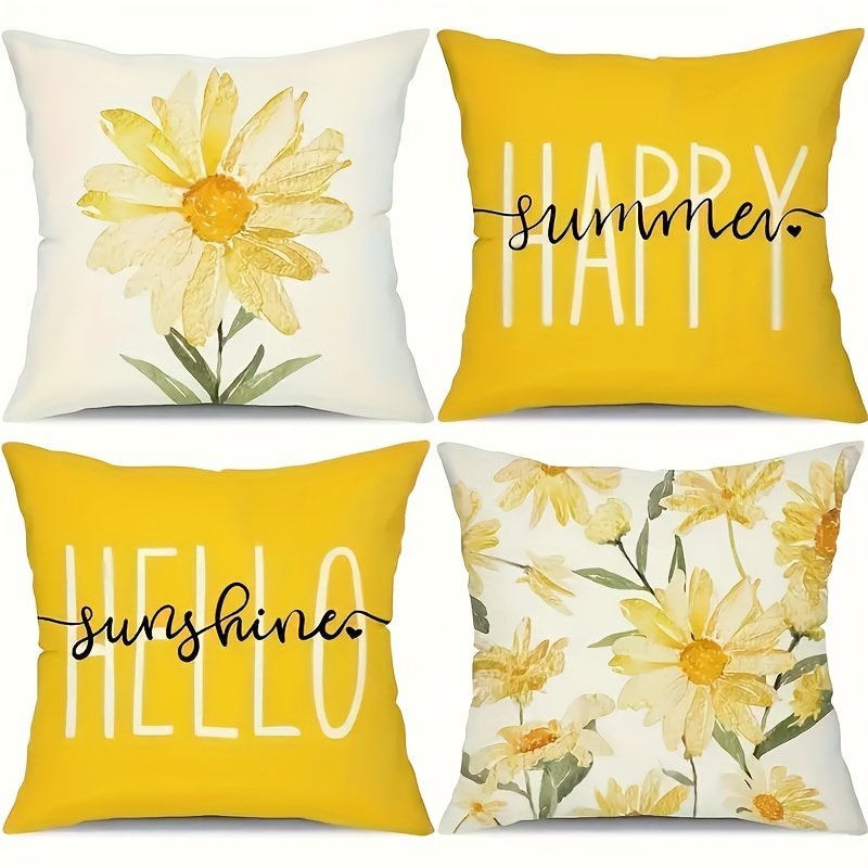 TEMU [jit]single-sided 4pcs 2dface Spring And Summer Pillow Flowers Print Pillow Suitable For Home Decoration Watercolor Daisy Sofa Decorationsno