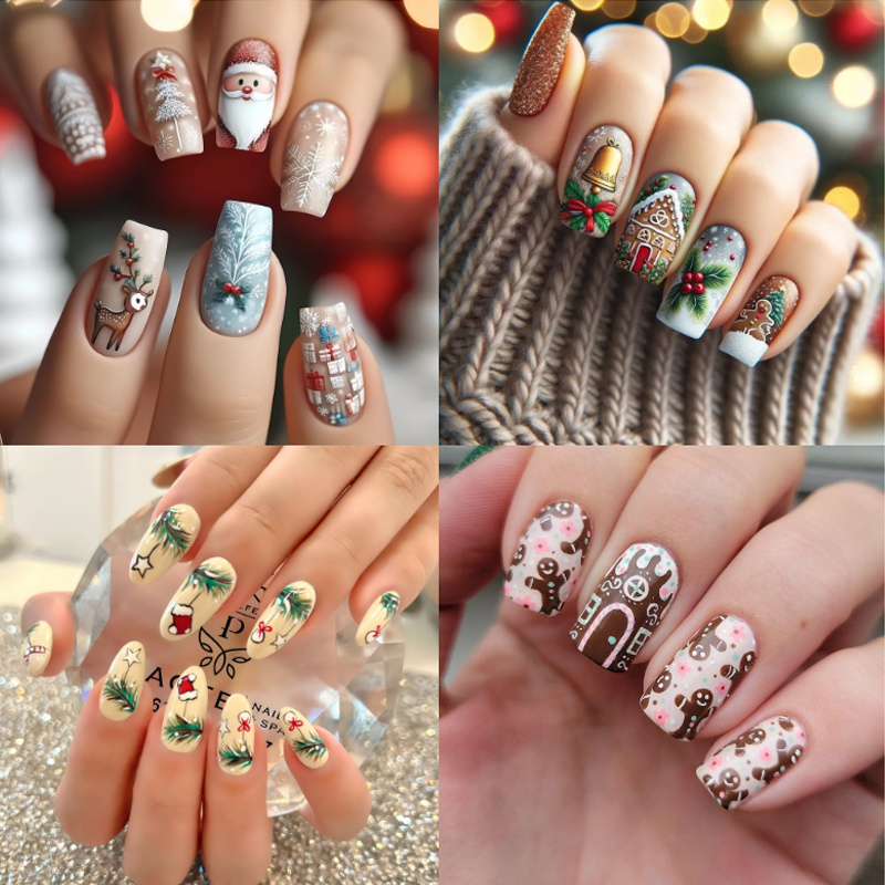 

96pcs(4pcs) Fake Nail Set - Medium Gloss Square Fake Nails, Mixed , Santa Claus Design And Elk Pattern Decorations - Reusable Women's Artificial Nail Set