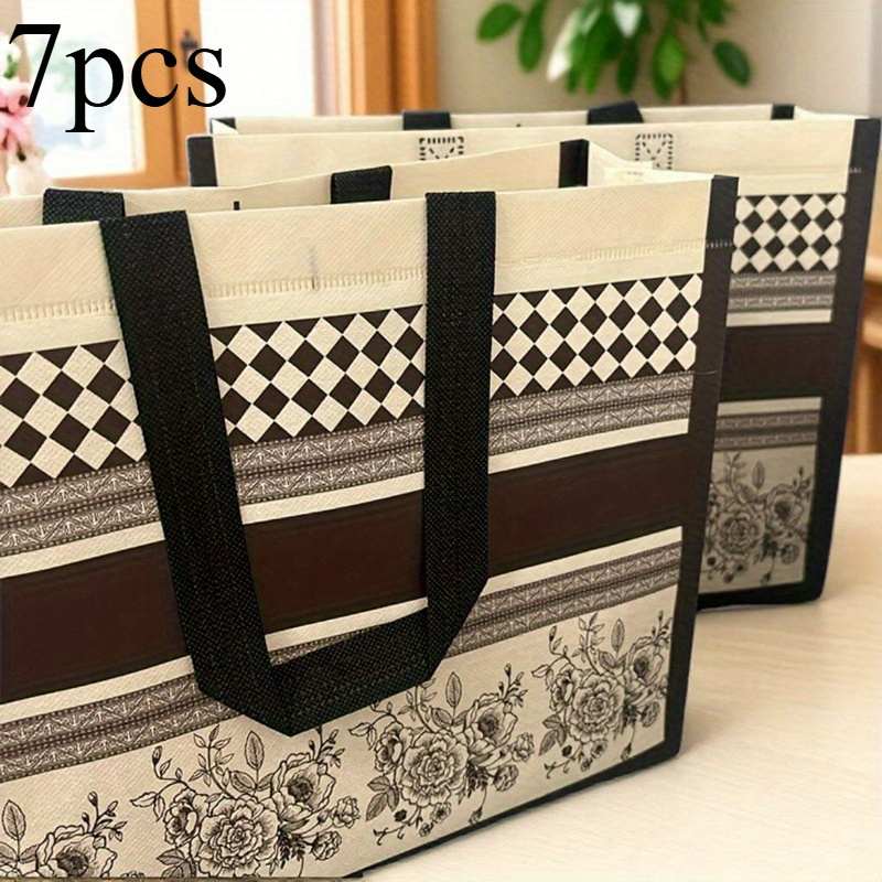 Image of Gift For Her/him 7-pack Black Plaid Floral Non-woven Handbags - Reusable Gift Bags For Weddings, Birthdays, Themed Parties, And Grocery Shopping