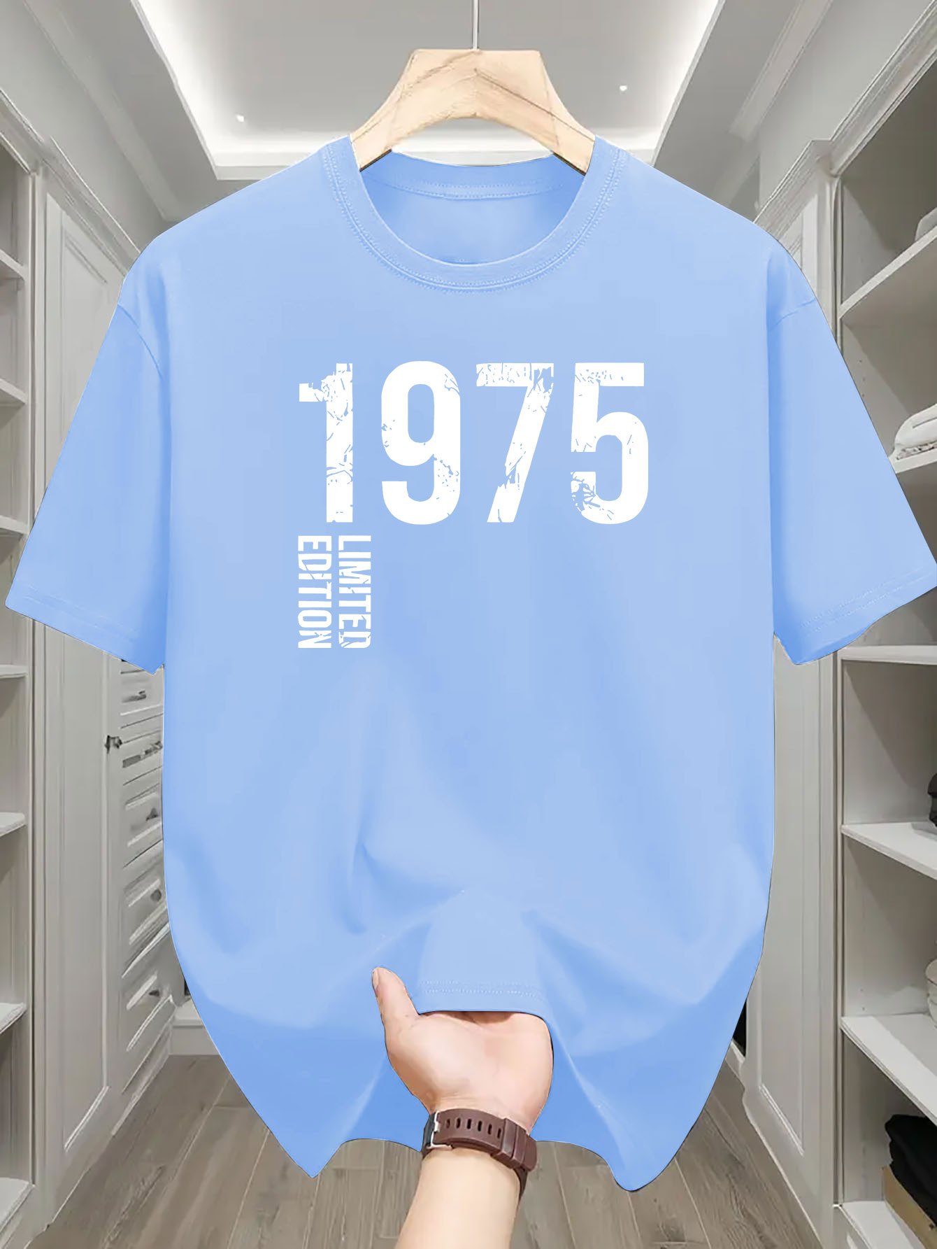 남성용 캐주얼 여름 티셔츠 1975 프린트 - 편안한 폴리에스터 니트, 라운드 넥, 패셔너블한 반팔 탑