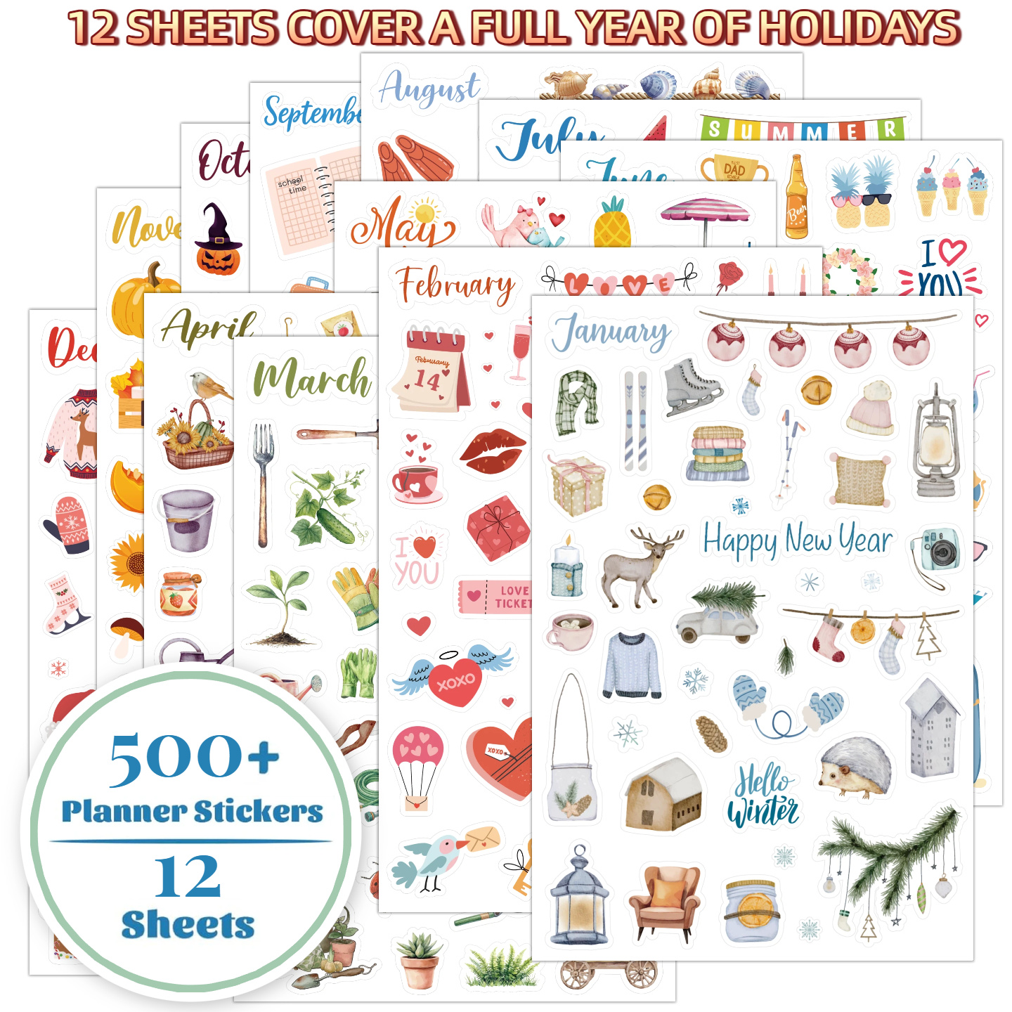 Image of New Style 12-month High-resolution Holiday Calendar With Delicate Stickers, Daily Planner, Seasonal Planner - Vintage Seasonal Sticker Pack, 12 Sheets, 500+ Stickers