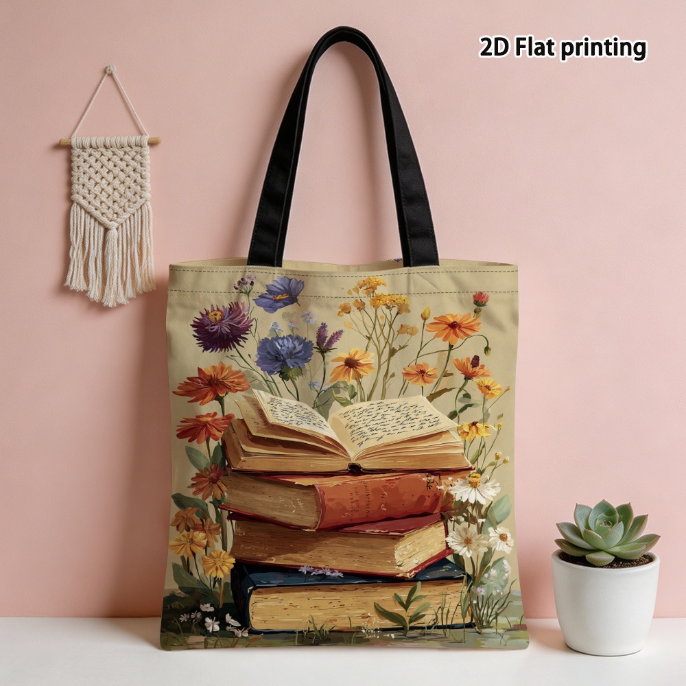TEMU 1pc Bookish Floral Print Tote Bag - Large Capacity Durable Shoulder Bag, Shopping Bag, Suitable For Daily Commuting, Travel, And Beach, Foldable