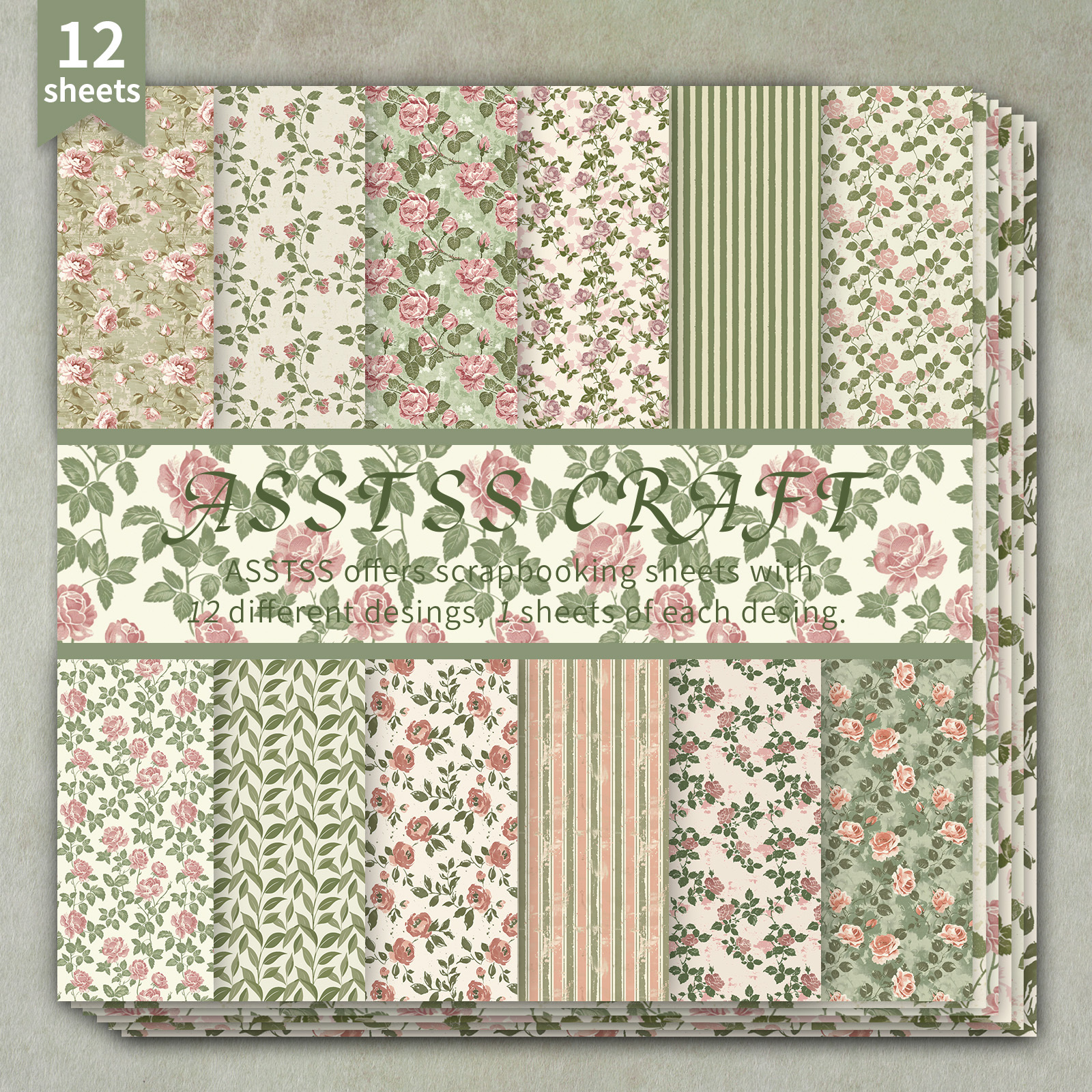 TEMU 12-Vloezen ASSTSS Inch Scrapbooking Papierblok, Vintage Roos Bloem Pastoraal Frisse Stijl Achtergrondpapier Benodigdheden, Gewicht Karton voor