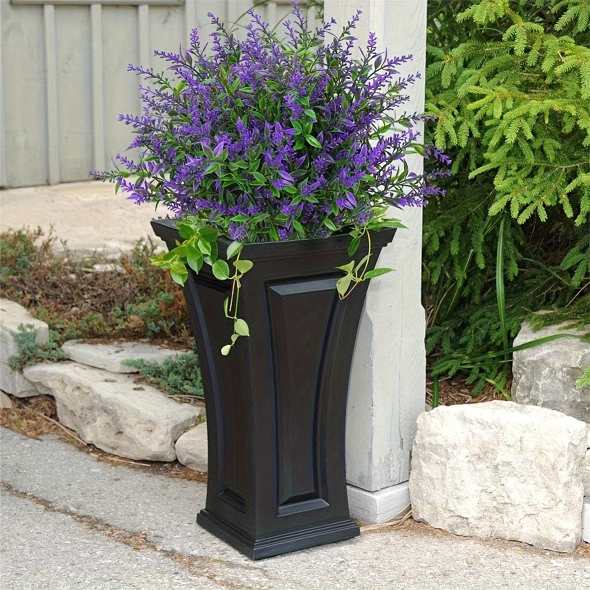 uv resistant faux lavender flowers black planter realistic outdoor indoor   plants with stakes low maintenance plastic garden decor for patio balcony lawn vintage style no watering or batteries needed durable plastic material freestanding design for planter grass or garden use lifelike   with vibrant purple   balcony greenery patio decoration weatherresistant material home    