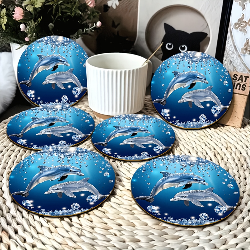 TEMU 6pcs, Dolphin Diamond Ocean Exquisite Pattern Wooden Coasters, 9.5x9.5 Cm, , Suitable For Multi-scene Cute Exquisite, Fashion Casual, Good