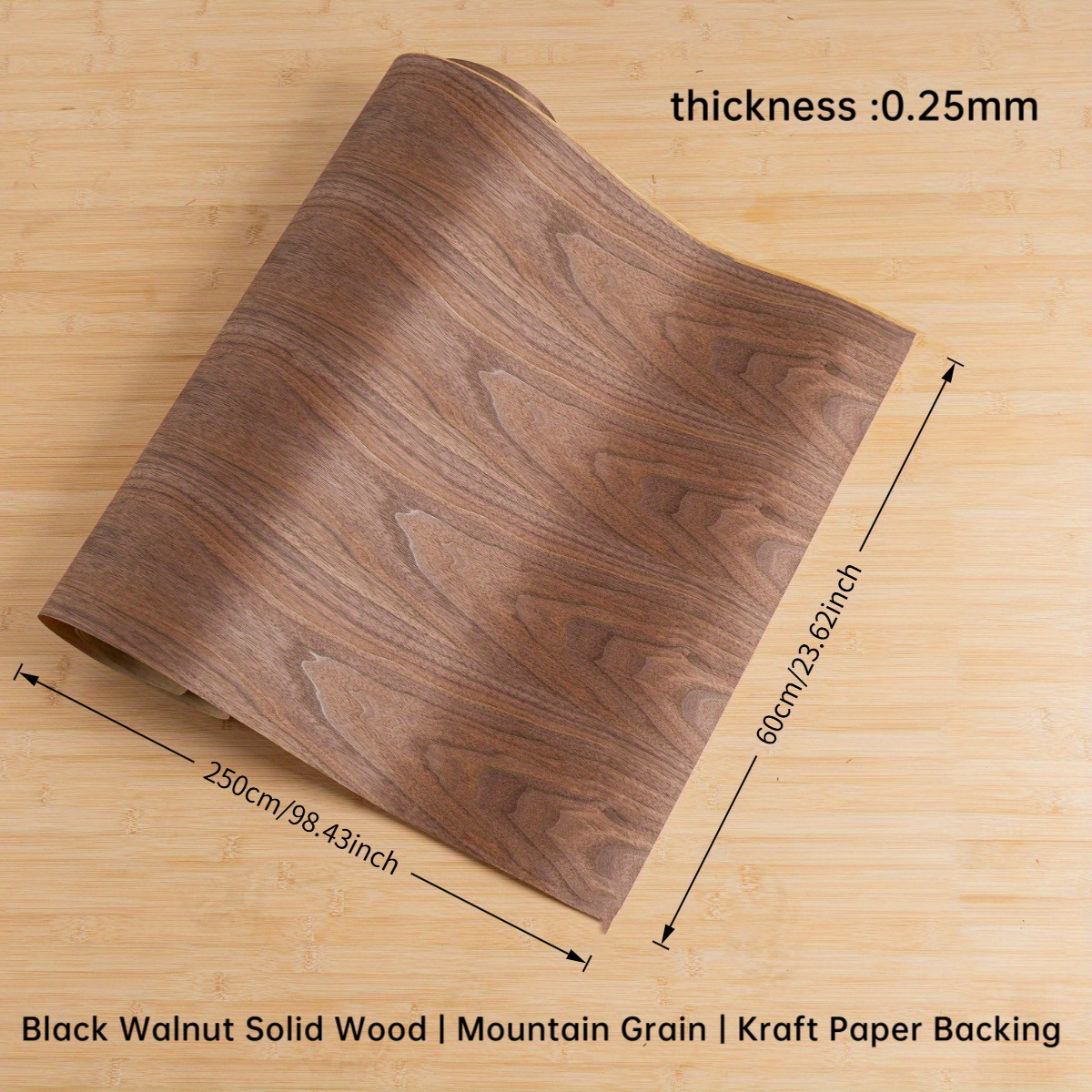 TEMU 1 Sheet Natural Veneer - Extra Long 250x61cm (8x2ft) Woodworking Sheet, Thin 0.25-0.3mm Veneer For Furniture, Guitar, Table, Non-woven Backing,