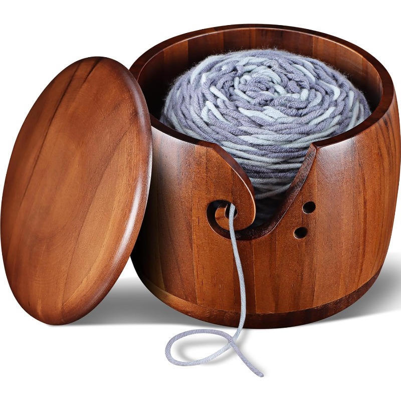 TEMU Lidded Crochet Yarn Bowl, Large Wooden Knitting Bowl, Crochet Additions, Small Knitting Tools, Yarn Storage