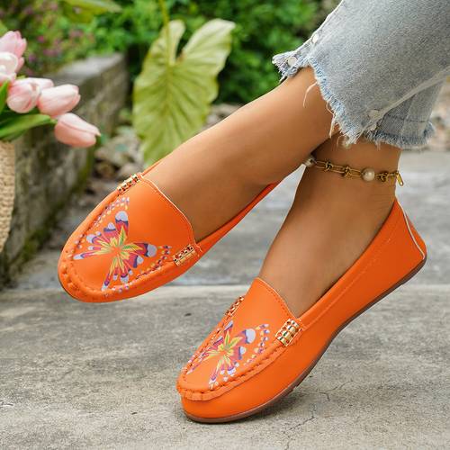 Women s Loafers, Flat Shoes, Slip-On, Fashionable Print, Metal Decoration, Moccasins, Lightweight, Soft and Comfortable, European and Sizes, Arch Support, Black, Pink, Orange, Red, Women Shoes