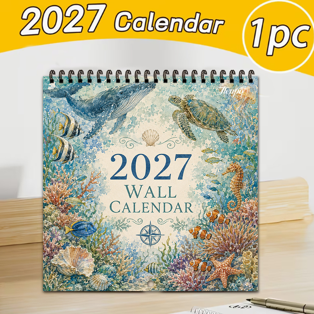 TEMU 1pc. 2027 Wall Calendar Watercolor Deep Creatures Wall Calendar Hanging Monthly Calendar Wall Decor Planner Schedule Organizer For Office And
