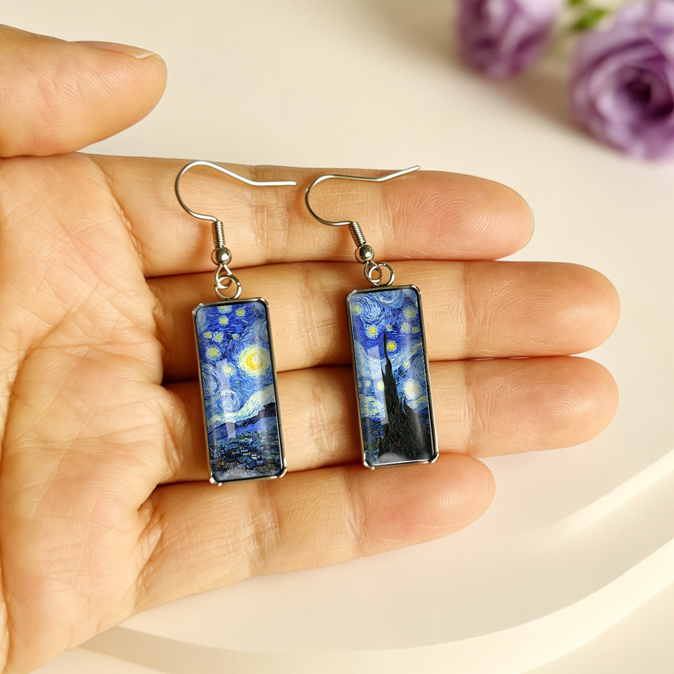 Women's Van Gogh Starry Night Rectangular Ear Hooks
