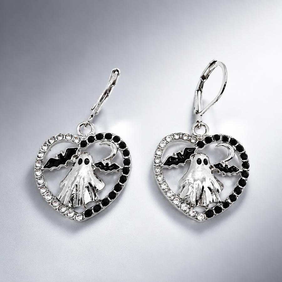 TEMU 1 Pair Fashion Heart-shaped Frame Drop Earrings With Bat & Moon Elements, Ideal For Christmas, Halloween, Valentine's Day, Anniversary, Wedding,