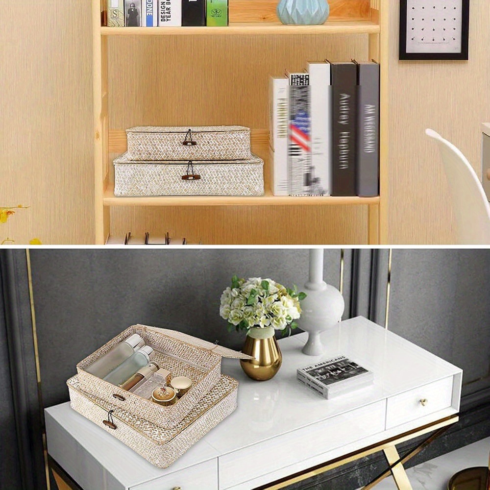 2pcs Set of Flat Woven Wicker Storage Bins with Lid Natural Seagrass Basket Multipurpose Home Boxes for Shelf Organizer