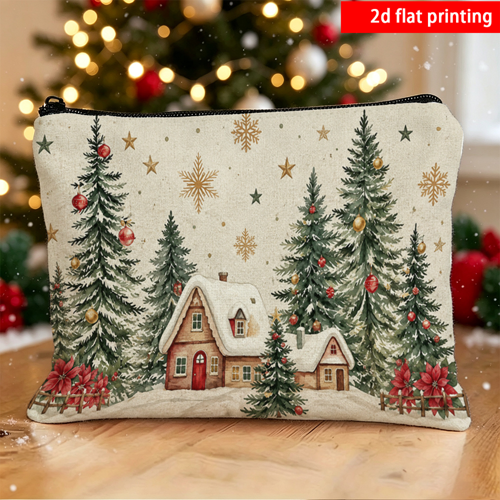 TEMU Sac à Cosmétique imprimé 2D plat, 1 pièce, Cabane de forêt enneigée, Sapin de Noël enneigé, de neige, Étoile, Porte-minuscules de papeterie,