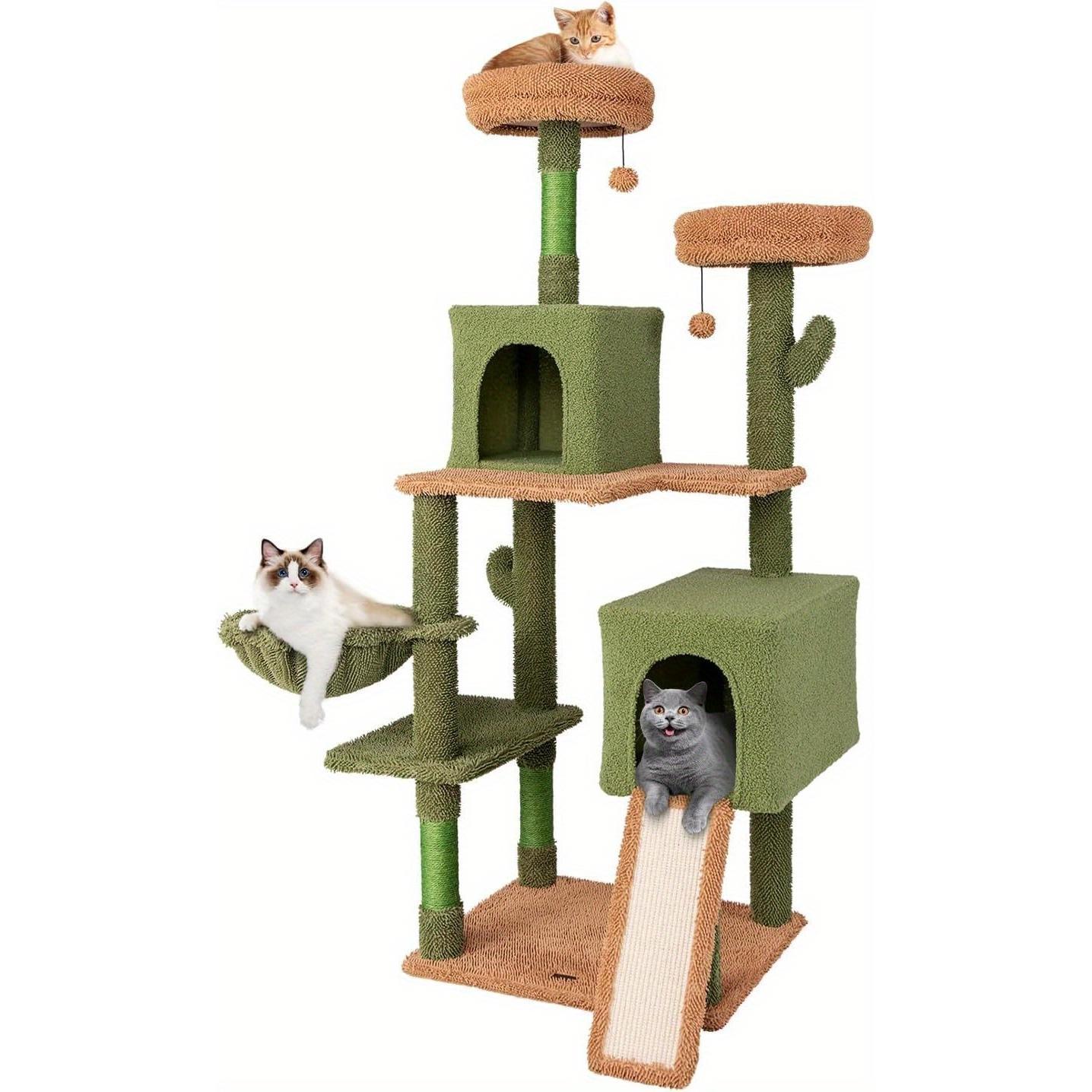 Green Cactus Shaped Cat Tree 152 Cm, Cat Tree With 2 , 2 Condos, , , Sisal Scratching Posts, Ramp, Washable Cushions, Activity Tree For Cats