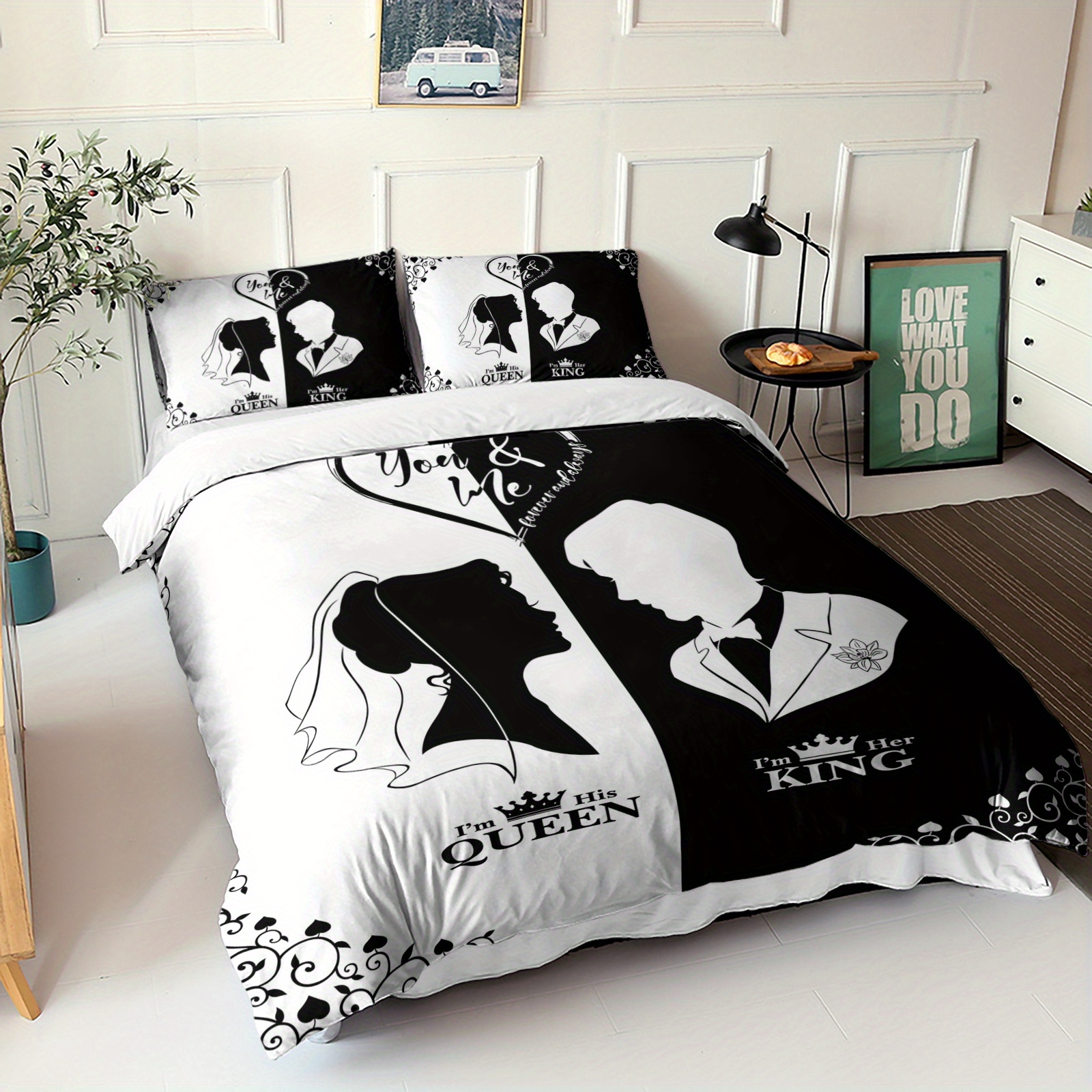 3pcs black white couple silhouette duvet cover king queen bedding set wedding bedroom decor   1duvet cover 2pillowcase no comforter Product details 3