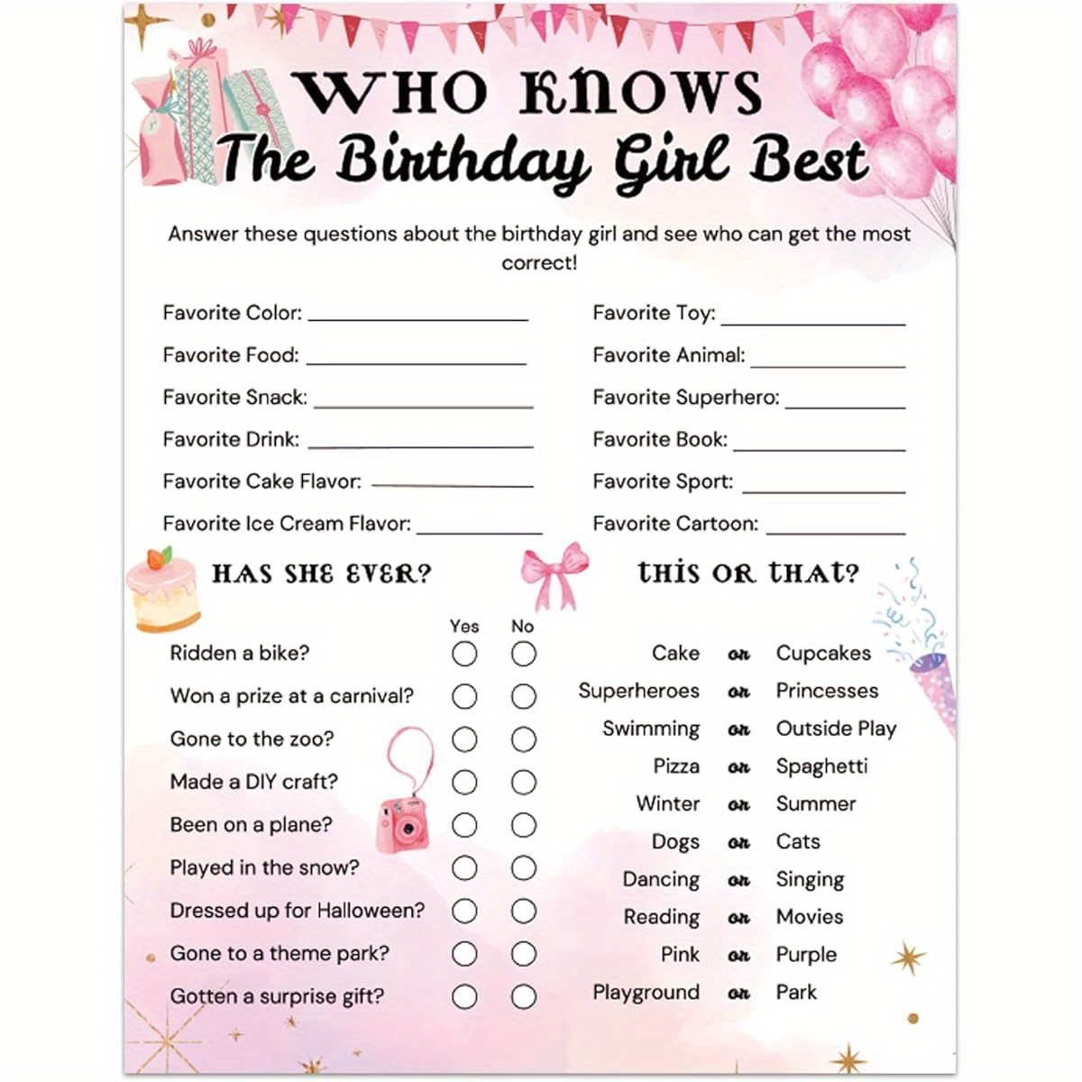 Qinghemengxia Who Knows The Birthday Girl Best, Birthday Would She Rather, Birthday Game Cards for Girls Her Sleepover Party - 5. 5 * 7 inch Set of 20 ( Pink)