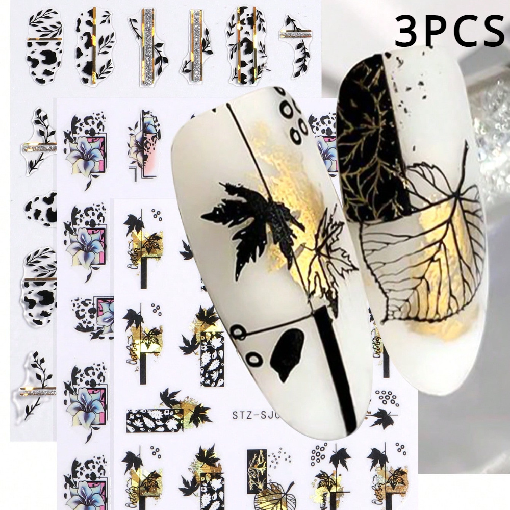 3pcs 3d Nail Stickers Flowers Geometric Lines Transfer Decals Nail Adhesive Sliders Nail Art Decals Decoration
