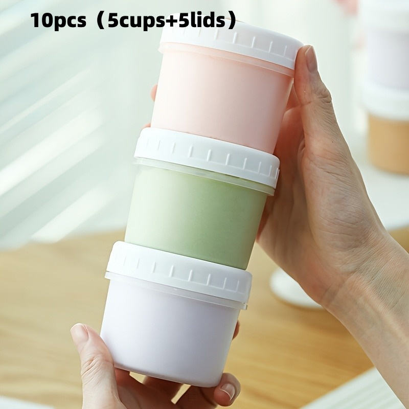 10pcs (5cups And 5lids) 200ml With Reusable Screw-on Lids - Plastic Freezer Food Storage Jars, Juice Pudding Cups, Ice Cream Cups, Perfect For Jelly, Desserts, Salads, Jam, Butter, Soup, And Leftovers