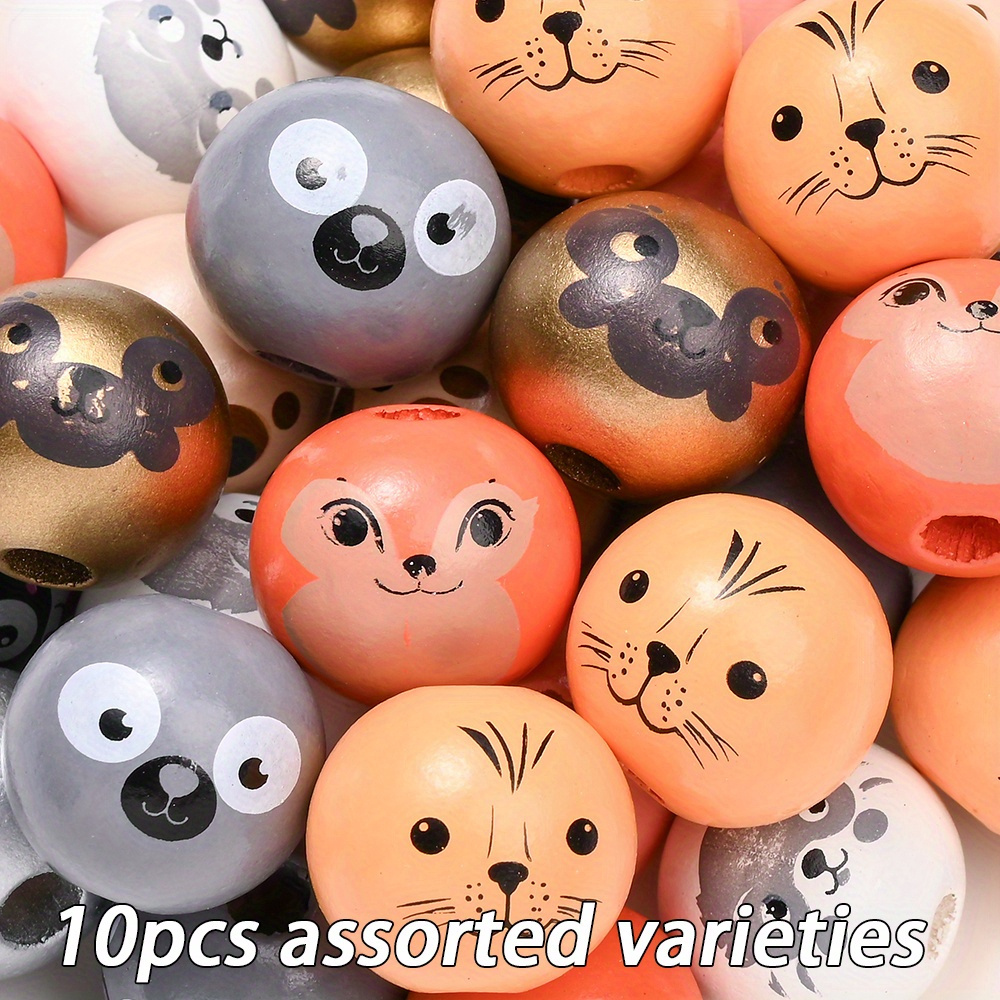 Image of 10pcs 20mm Big Animal Print Wooden Beads Random Color Dog Panda Sea Monkey Loose Beads & Bead Assortment For Keychain Necklace Bracelet Earring Phone Chain Jewelry Making Supplies