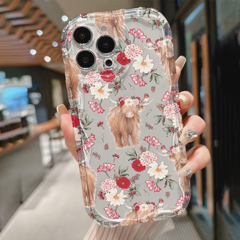 TEMU Phone Case: 1 Floral Yak Uv Printed Transparent Cow Print Phone Case, Compatible With Iphone 17 16 15 14 13 12 11 Pro , Tpu Protective Case,
