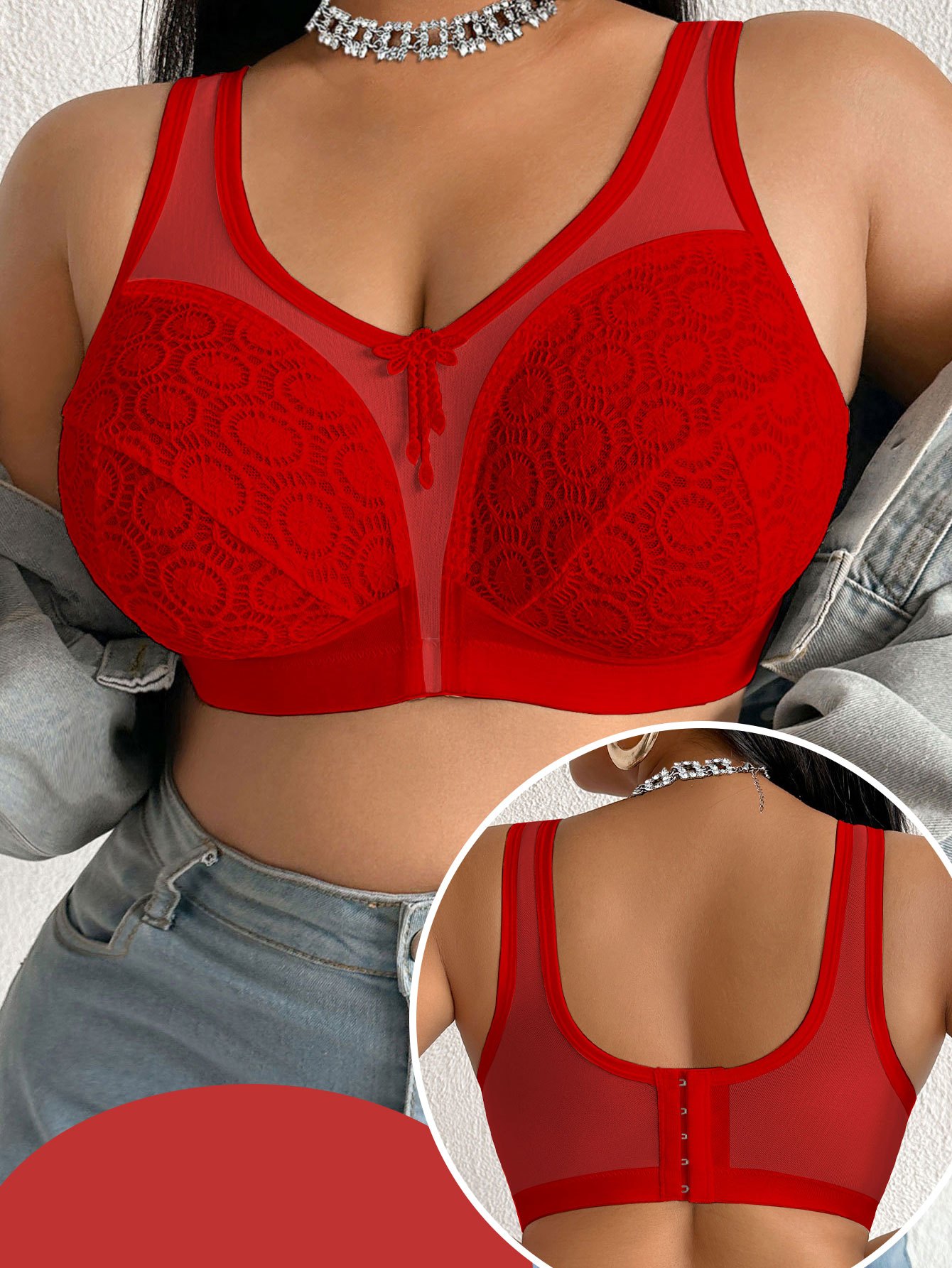lace trimmed womens plus size bra wire free casual backless   size bustier