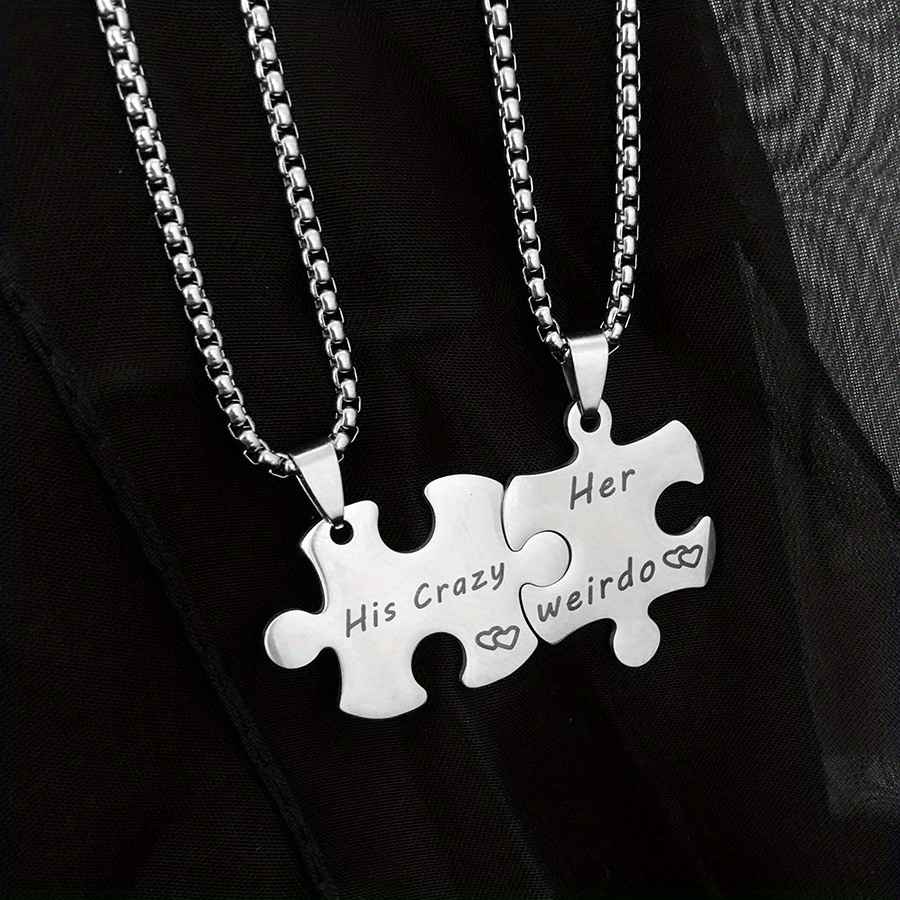 TEMU 1 Pair Fashion Trend Fancy Necklace For Men And Women Stainless Steel Couple Puzzle Jewelry Valentine's Day Gift Engraved Titanium Stainless