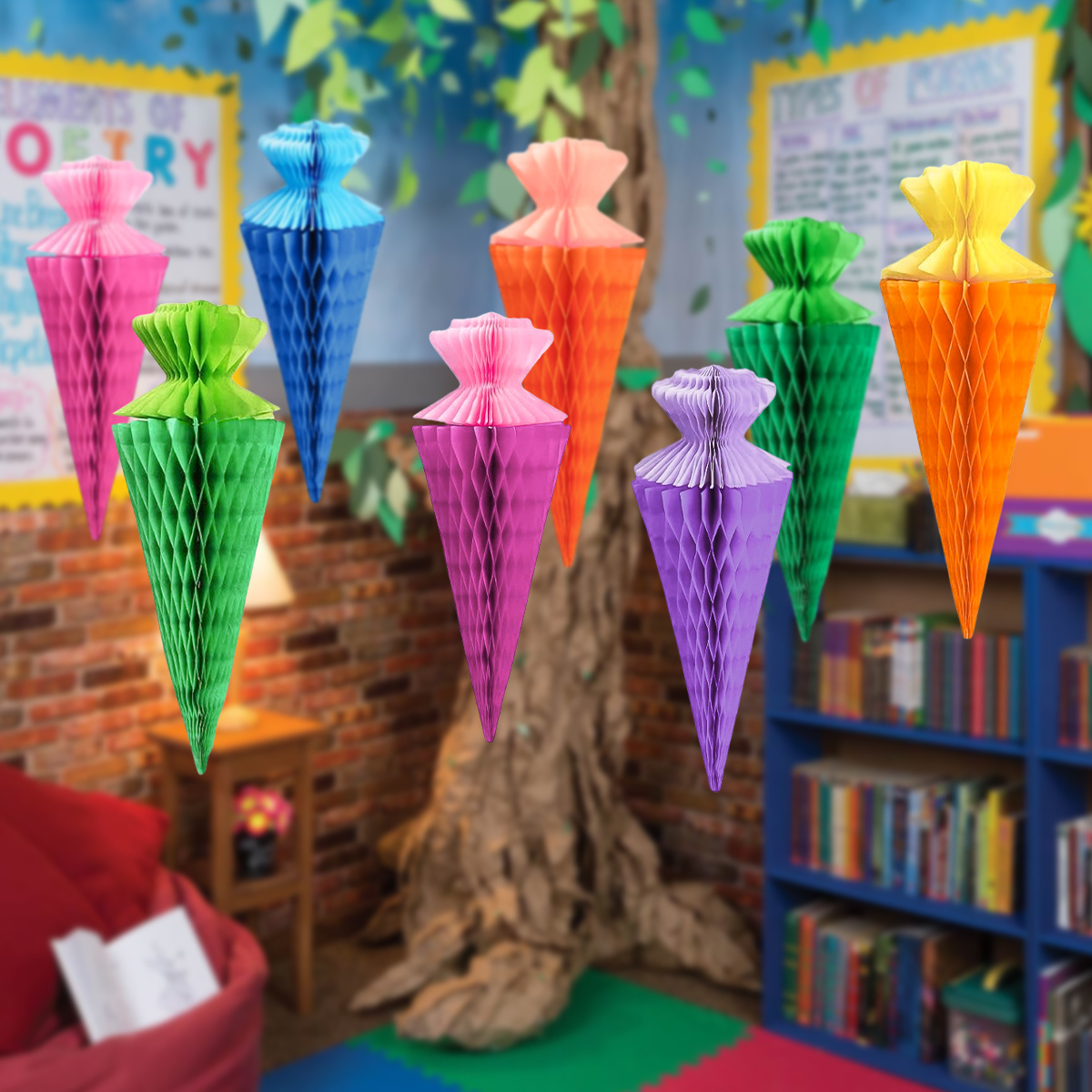 Image of 8pcs/set Colorful Honeycomb Paper Hanging Decorations Paper Flower Balls, 3d Paper Ornaments For Classroom, Back To School Party Supplies
