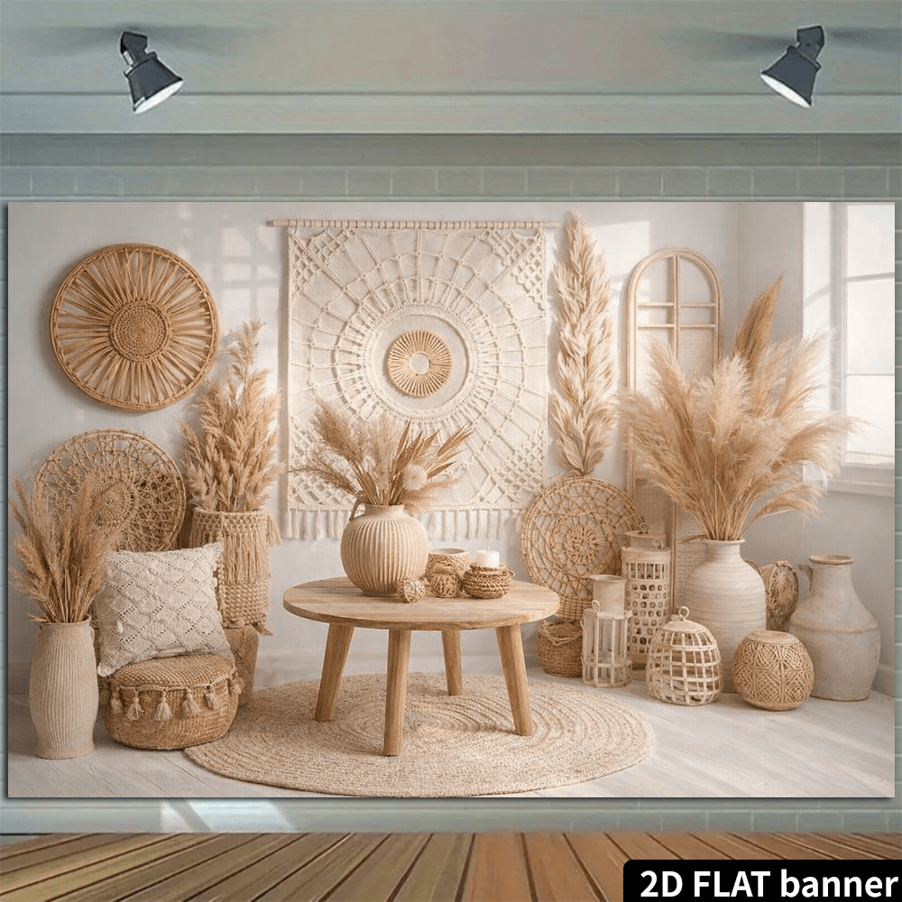 Fondo de sala de estar estilo Wabi-Sabi 2D con tapiz tejido a mano y decoración de pared circular de paja. Combinado con faroles de ratán, ramos de caña, jarrones de cerámica y una mesa baja de madera, el diseño general presenta tonos cálidos beige y madera natural. Acentuado con una alfombra suave