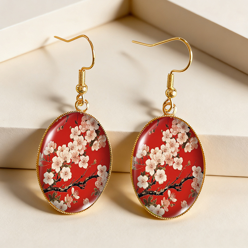 TEMU 1 Pair Chinese Art Earring Golden Oval Dangle Earrings Dome Jewelry