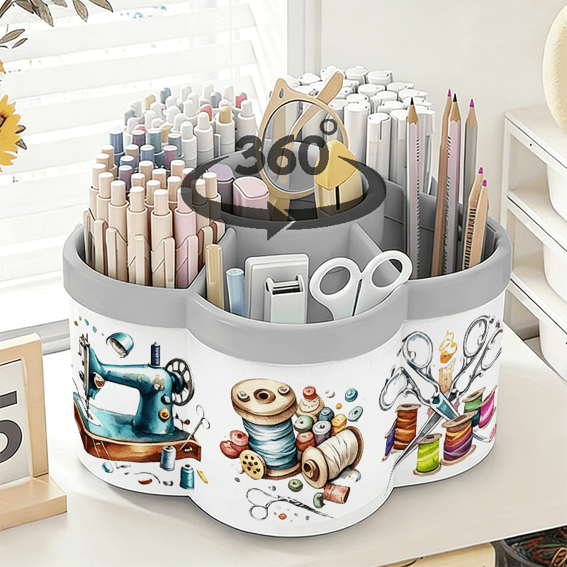 TEMU Porte-stylo rotatif et organisateur de cosmétiques | Autocollant combiné pour fournitures de couture - Boîte de rangement de bureau rotative à