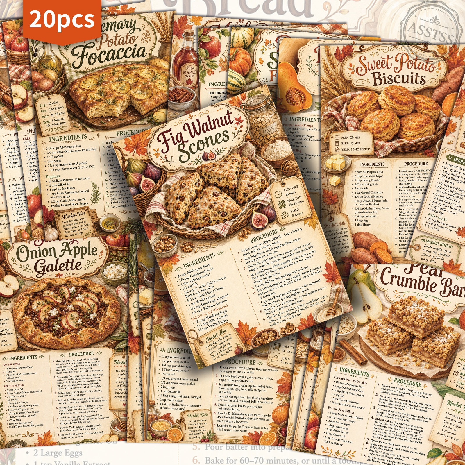 TEMU 20-pack Asstss Vintage Autumn Recipes Postcards - 4x6 Inches Retro Junk Journal Supplies, Classic Pinup Illustrations Collectible Decorative