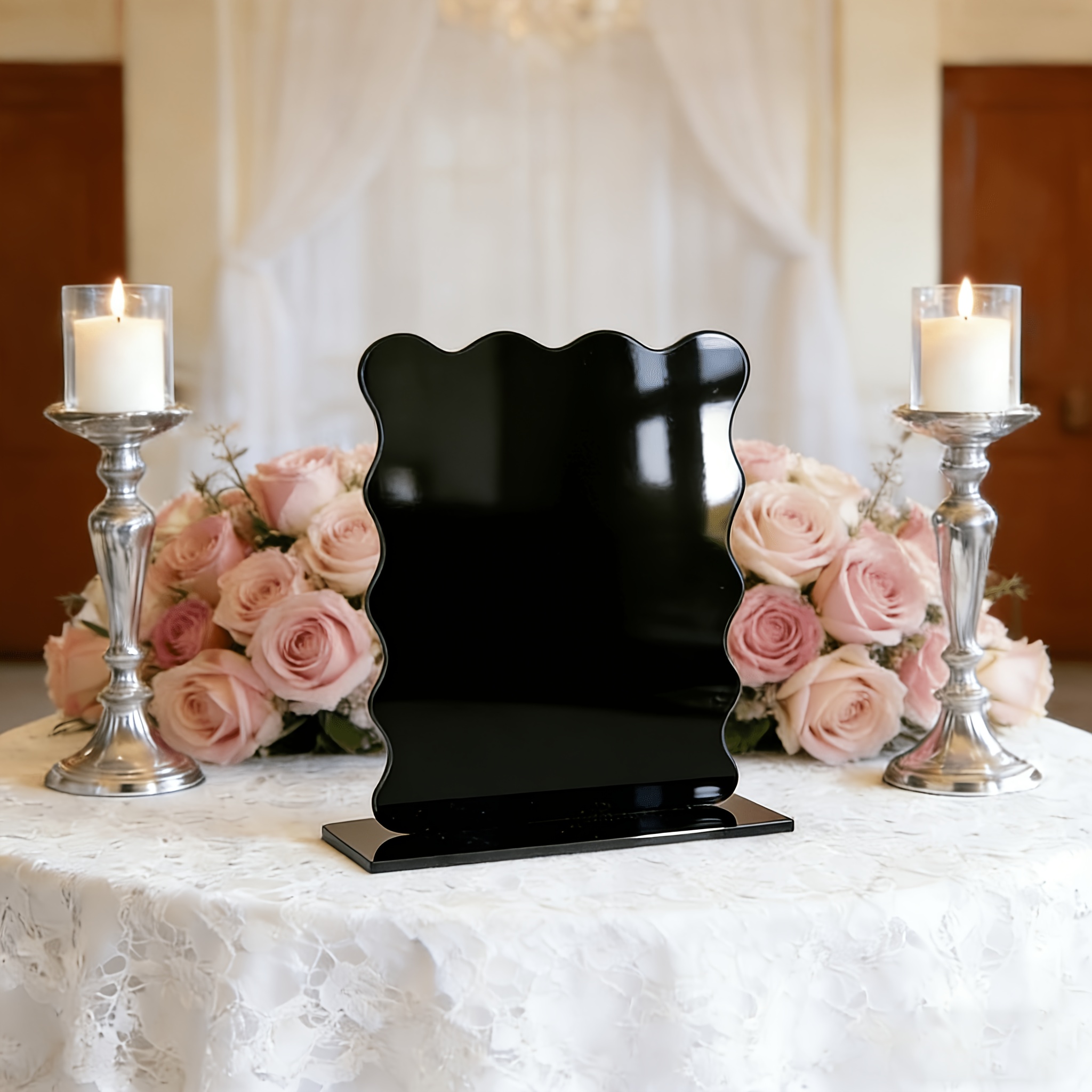 TEMU 2d Flat, 1 Black Wavy-edge Acrylic Plaque, Desktop Display Stand, Wedding Birthday Menu Price Display Sign