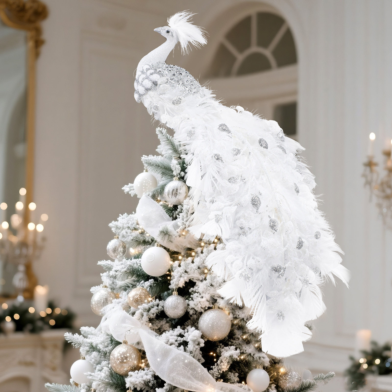 TEMU 15 Inch Christmas Peacock Tree Topper Christmas Ornaments Artificial Glitter Xmas Decorations For Xmas Wedding Decor Halloween Christmas