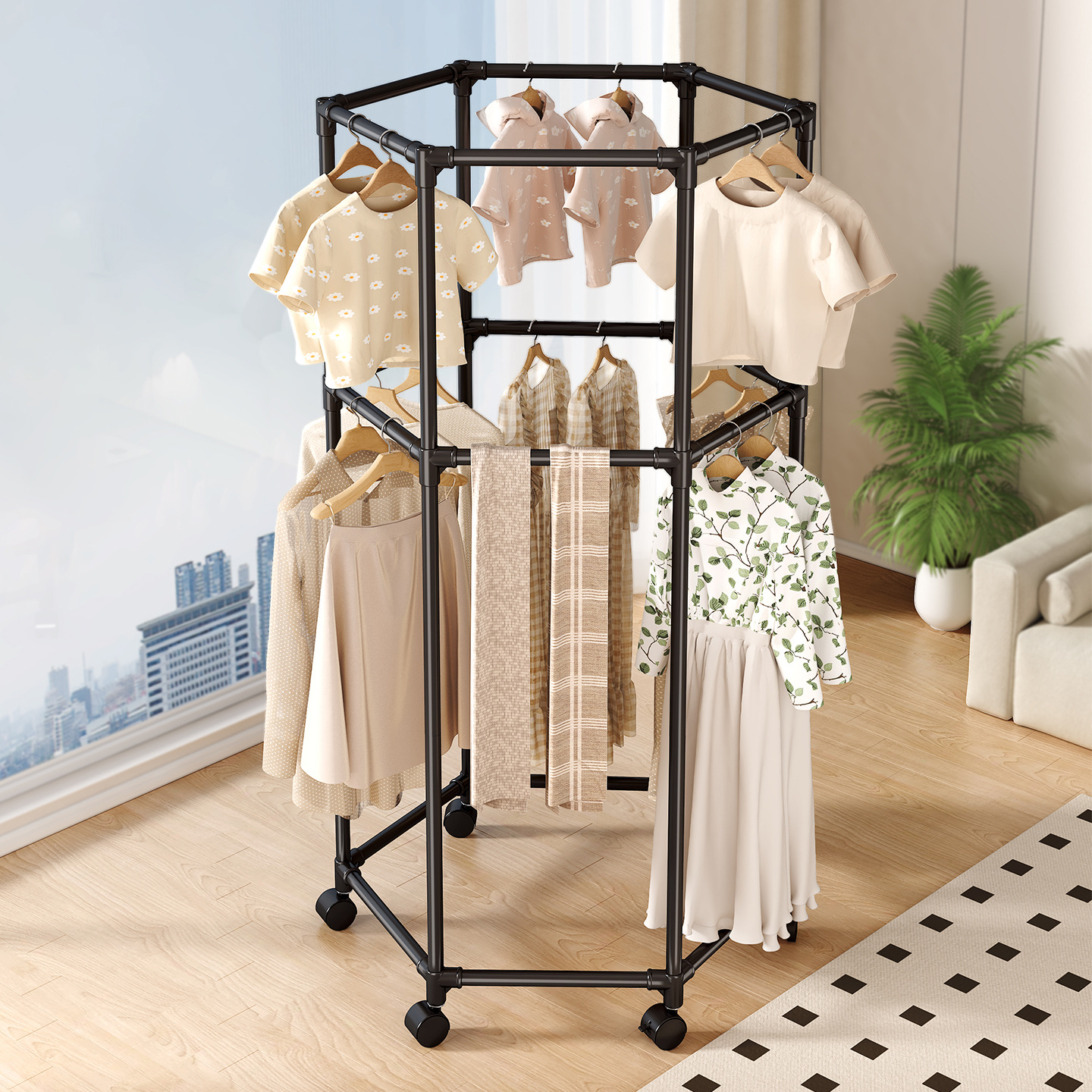 TEMU [space-saving Rotating Rack] Heavy-duty 150lb Capacity Hexagonal Rotating Clothing Rack 360 Rotating Hanging System & 4-wheel Mobility - Sturdy
