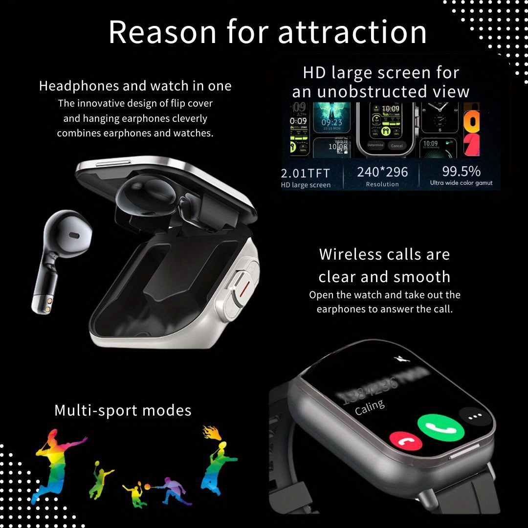 smart watch with built in earbuds 2 01 tft display 240p resolution non waterproof rechargeable lithium polymer battery wireless 5 3 compatible with iphone   fitness   with alarm nfc battery powered 240mah d8 details 1