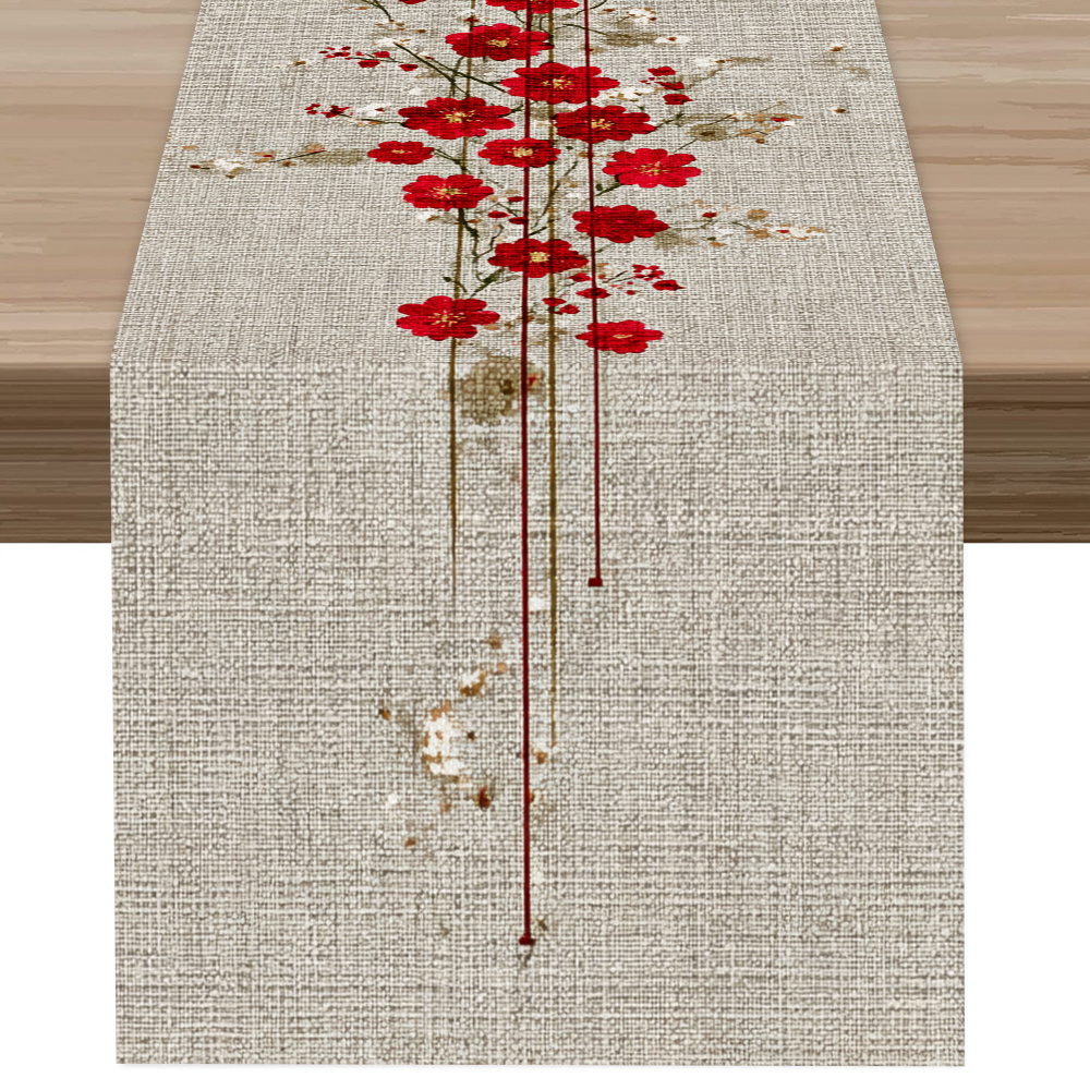 TEMU 1pc, Red Flower Thinly Branched Vibrant Pattern Printed Table Runner, Latest Spring/summer Table Runner, Vibrant Artistic Style Table Runner, ,