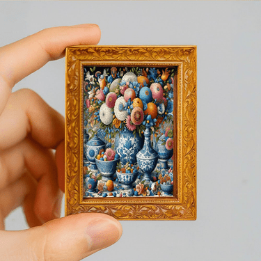1 Marco de fotos cuadrado de madera con imán, flores rebosantes, estilo vintage azul y blanco, naturaleza muerta, arreglos florales exuberantes y radiantes adornando exquisitamente platos de porcelana azul y blanca, colores ricos y lujosos