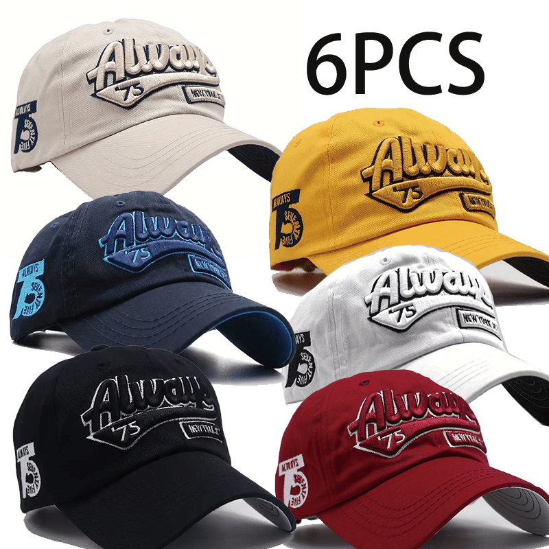 TEMU Unisex 6pcs Vintage Washed Baseball - Adjustable With ' ' Embroidery, Soft Material, Ideal For Casual Outdoor Sports