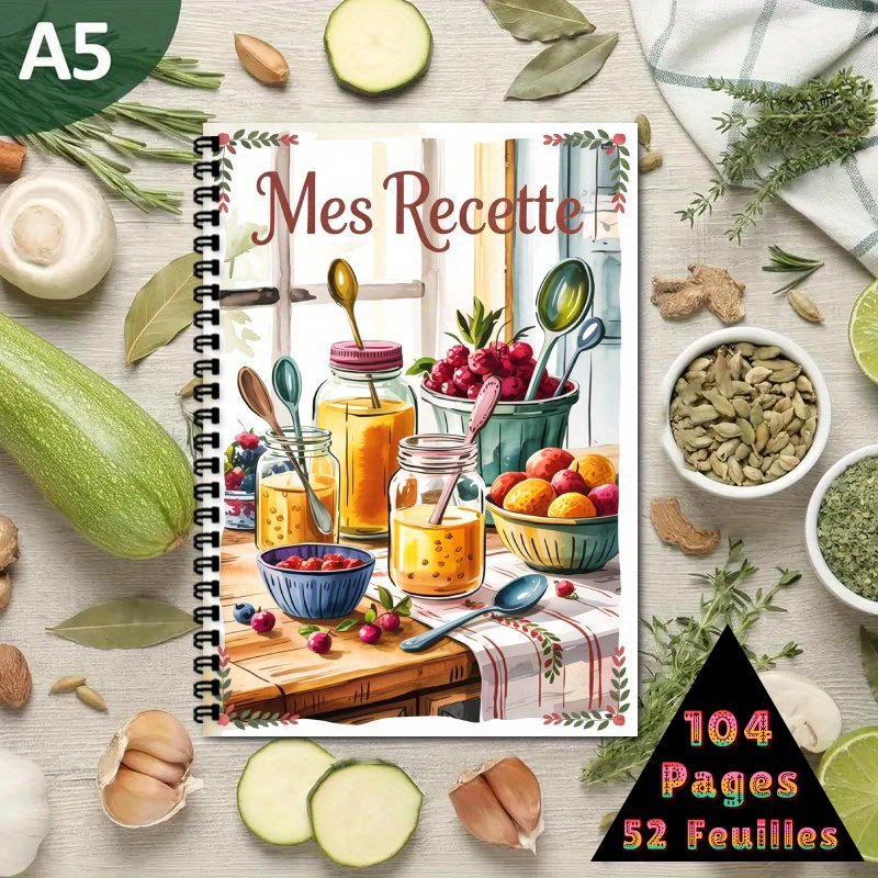 TEMU 1pc Carnet de Recettes Cuisine Française - Cahier A5 à Spirale pour 100 recette, Livre culinaire avec planification des repas et décor vintage