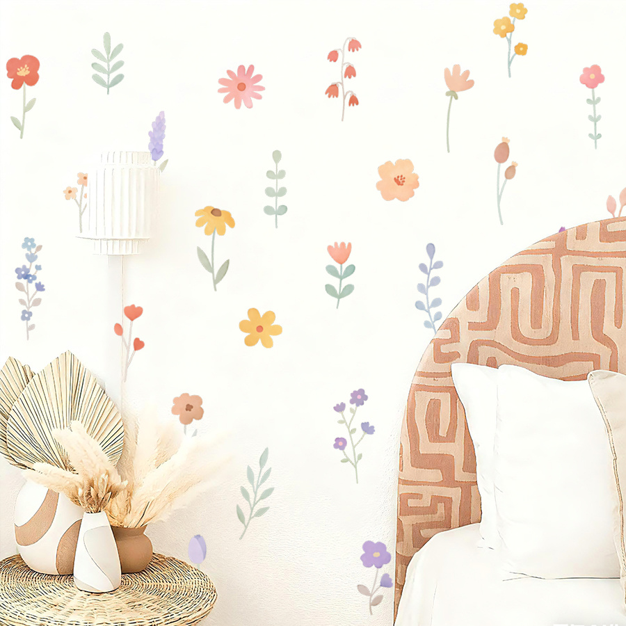 Image of 33pcs/set Nature Inspired Fun Floral Wall Stickers, Colorful Floral Decoration Removable Wallpaper, Bedroom Living Room Porch Home Decoration Art
