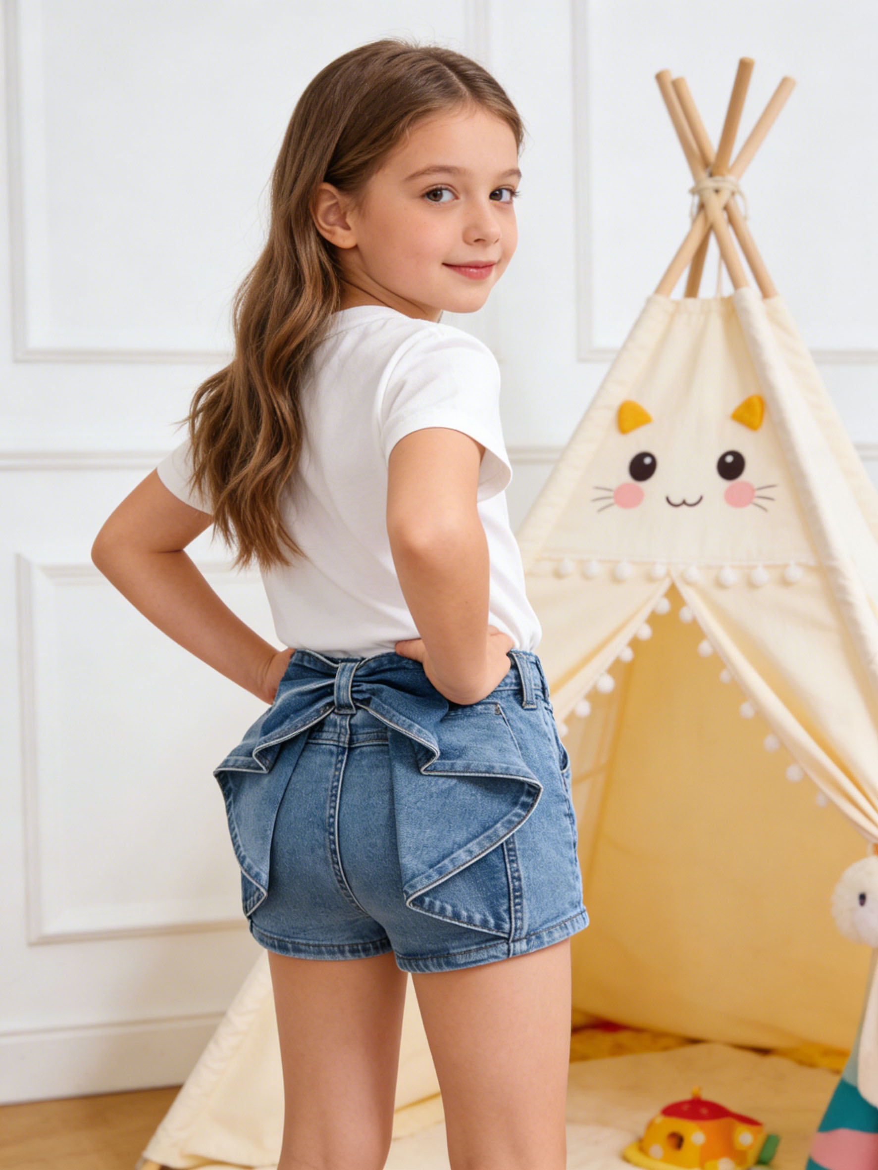 girls fashion denim shorts high waist ruffle big     denim shorts   daily wear
