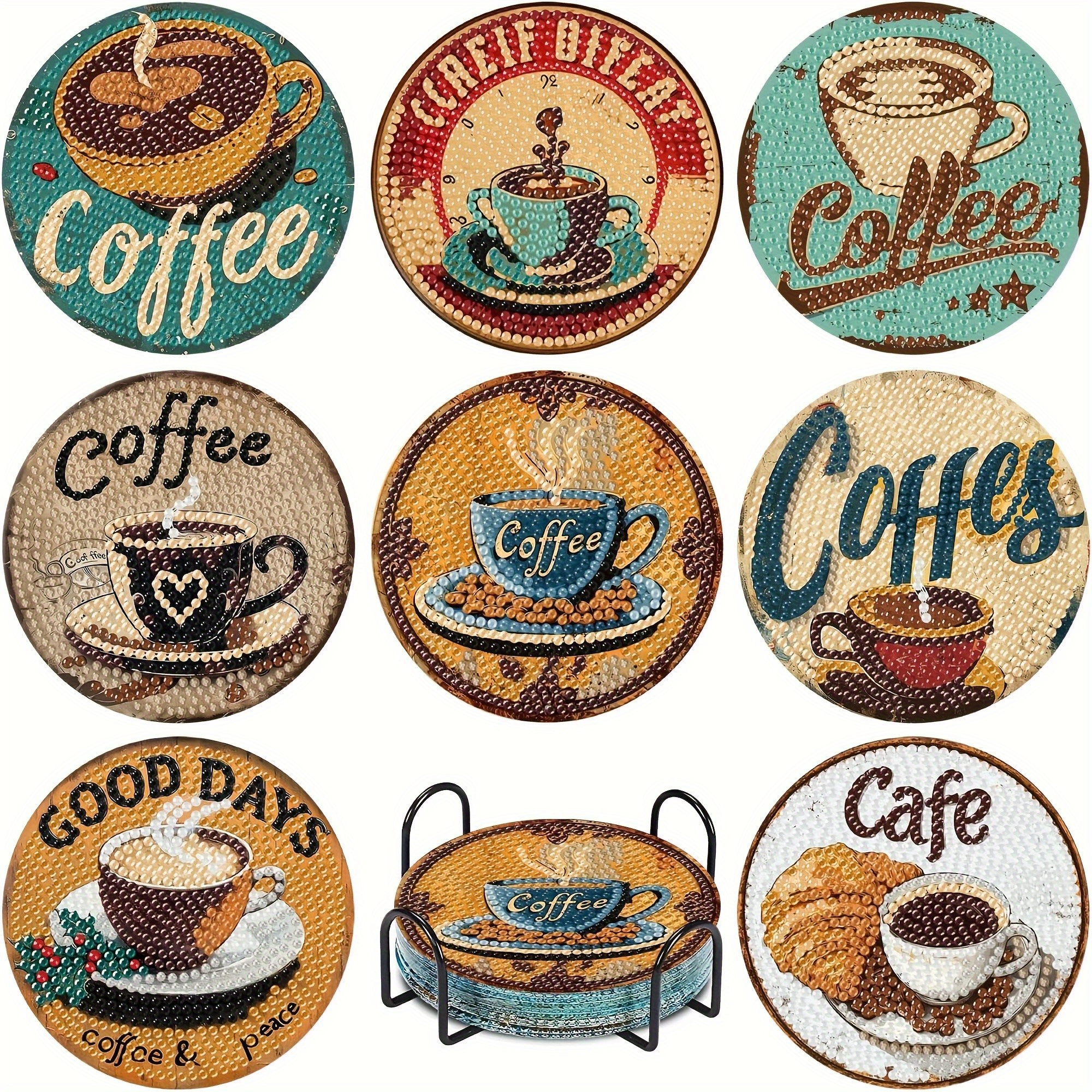 TEMU 8 Styles de dessous de verre d'art de diamant sur le thème du café, ensemble de dessous de verre de peinture de diamant, ensemble de dessous de