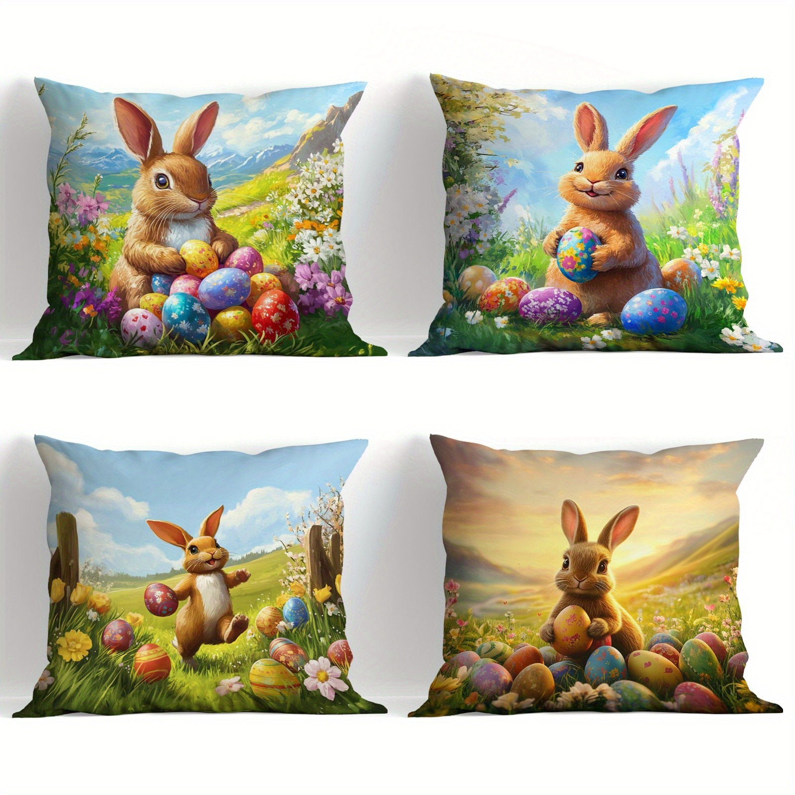 

4pcs, Easter Decorative Pillowcase, , Grass, Rabbit And Egg , Soft And Comfortable, Sofa Cushion Cover, Suitable For Rooms, Without Pillow , Zipper Opening